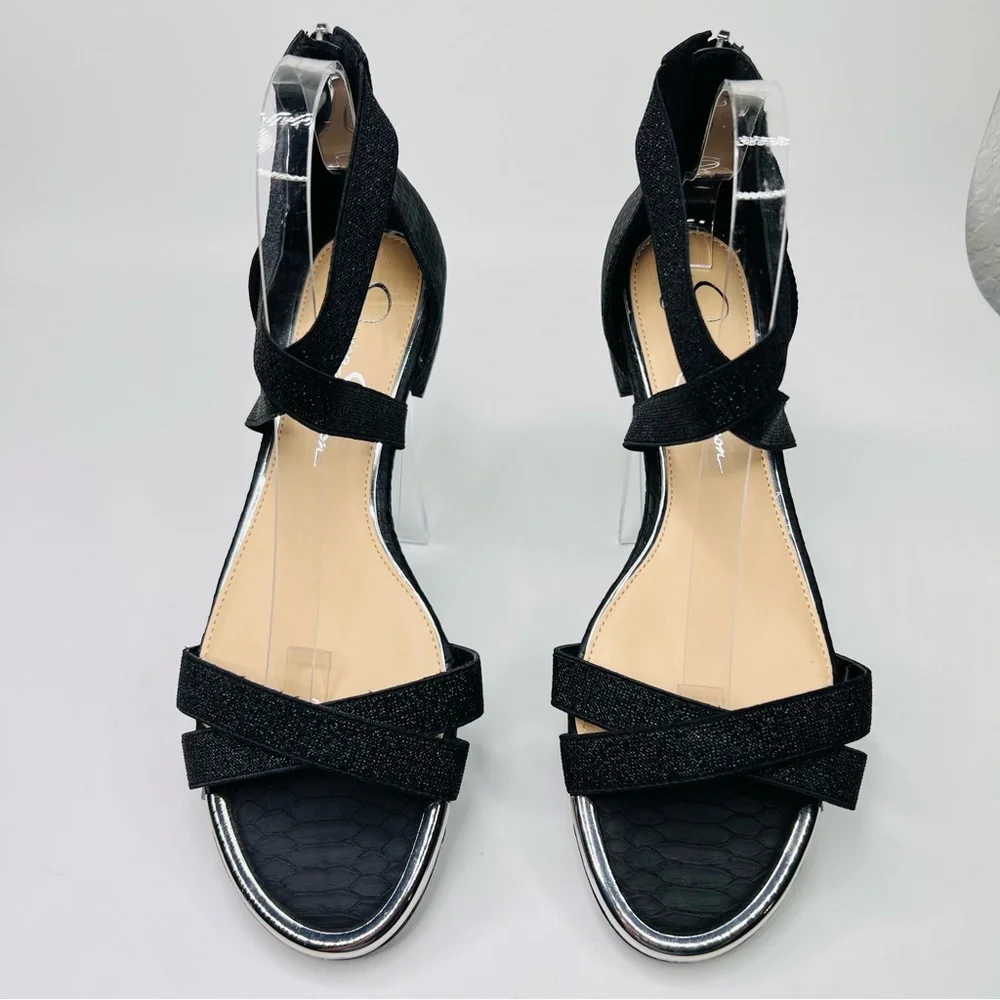 Jessica Simpson Aimlee Black /Silver Ankle Strap Block Low Heel Dressy Sandal